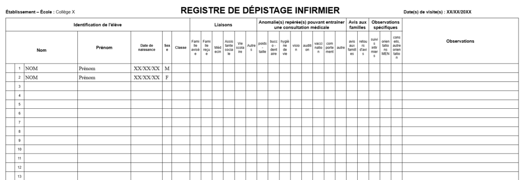 tableau de registre de dépistage infirmier scolaire