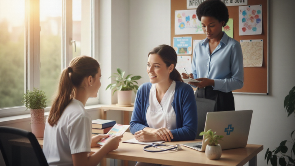 une infirmière scolaire accueille en consultation une enfant, avec une collègue infirmière qui observe le travail